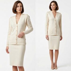 ST. JOHN Vintage Santana Knit 2-Pc Pencil Skirt Longline Cardigan Set Size M/L